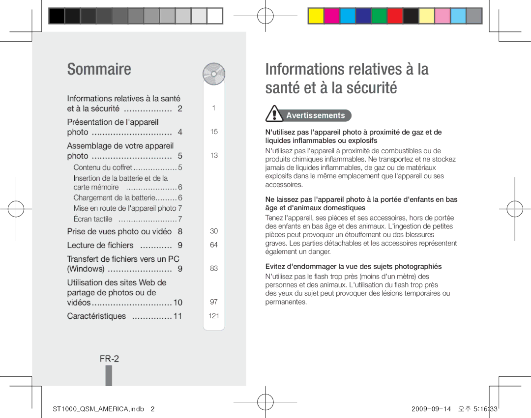 Samsung EC-ST1000BPSVN, EC-ST1000BPSE1, EC-ST1000BPRFR Sommaire, Informations relatives à la santé et à la sécurité, FR-2 