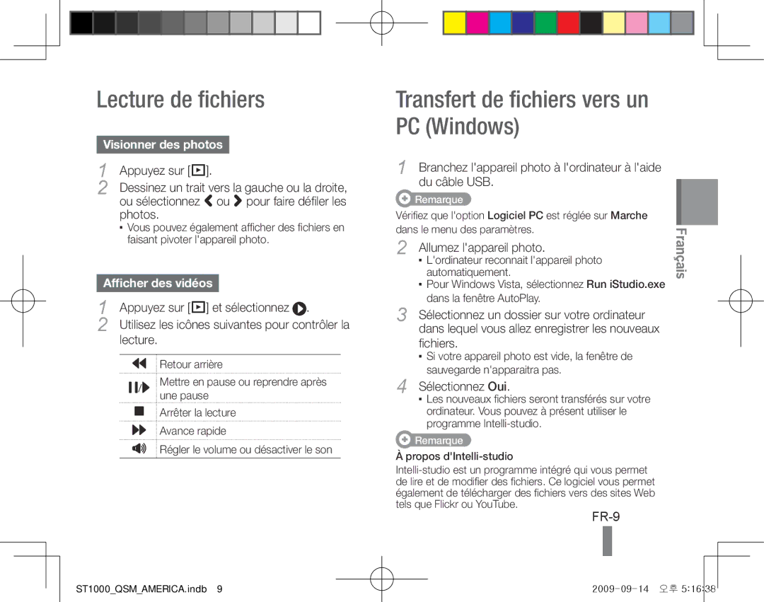 Samsung EC-ST1000BPGE2 manual Lecture de fichiers, Transfert de fichiers vers un PC Windows, FR-9, Visionner des photos 