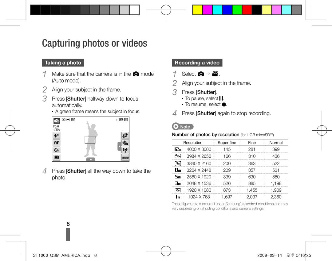 Samsung EC-ST1000BPGIT, EC-ST1000BPSE1, EC-ST1000BPRFR manual Capturing photos or videos, Taking a photo, Recording a video 