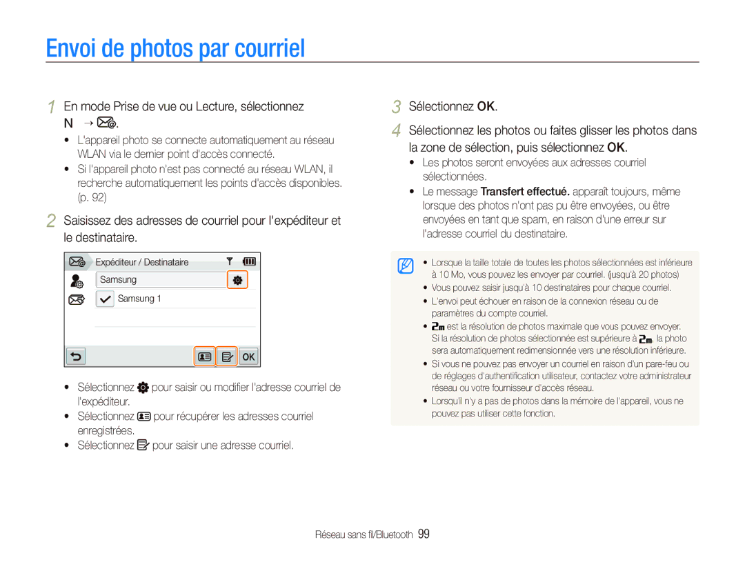 Samsung EC-ST1000BPBFR, EC-ST1000BPSE1 manual Envoi de photos par courriel, En mode Prise de vue ou Lecture, sélectionnez 