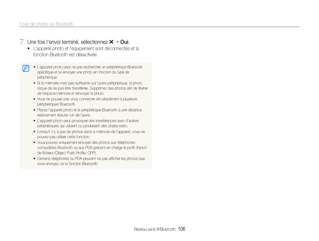 Samsung EC-ST1000BPBFR, EC-ST1000BPSE1 manual Envoi de photos via Bluetooth, Une fois lenvoi terminé, sélectionnez “ Oui 