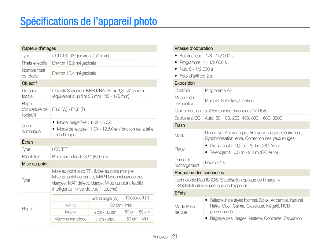 Samsung EC-ST1000BPBE1, EC-ST1000BPSE1, EC-ST1000BPRFR, EC-ST1000BPBFR, EC-ST1000BPUFR manual Spéciﬁcations de l’appareil photo 