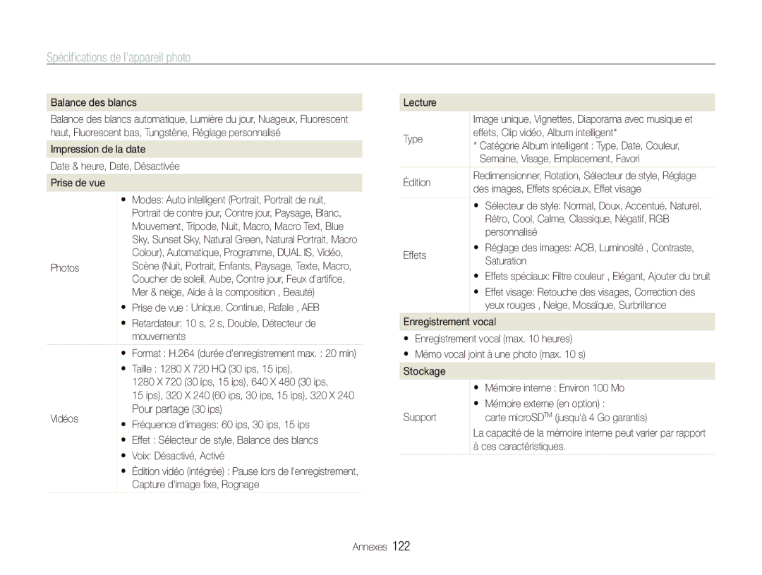 Samsung EC-ST1000BPUFR, EC-ST1000BPSE1, EC-ST1000BPRFR, EC-ST1000BPBFR, EC-ST1000BPBE1 manual Spéciﬁcations de l’appareil photo 
