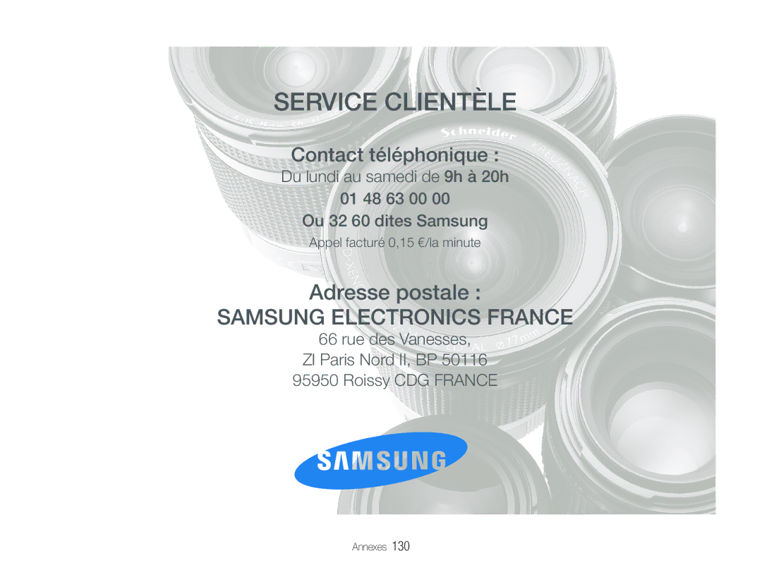 Samsung EC-ST1000BPSFR, EC-ST1000BPSE1, EC-ST1000BPRFR, EC-ST1000BPBFR, EC-ST1000BPBE1, EC-ST1000BPUFR manual Service Clientèle 