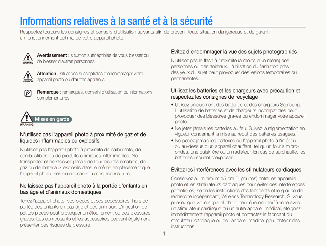 Samsung EC-ST1000BPBFR, EC-ST1000BPSE1, EC-ST1000BPRFR Informations relatives à la santé et à la sécurité, Mises en garde 