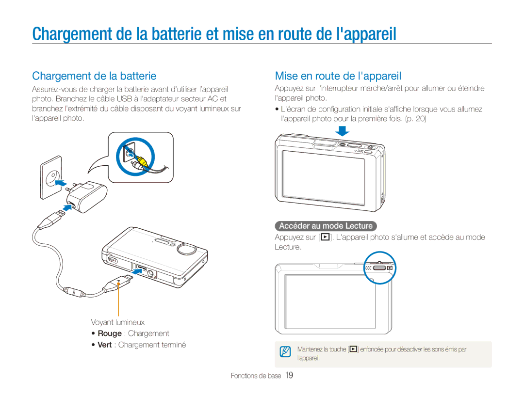 Samsung EC-ST1000BPRE1, EC-ST1000BPSE1 Chargement de la batterie et mise en route de lappareil, Mise en route de lappareil 