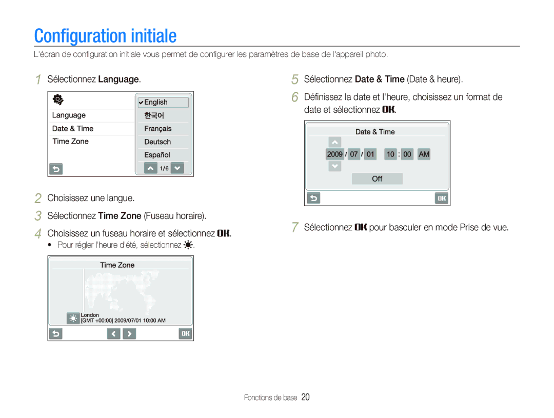 Samsung EC-ST1000BPSE1, EC-ST1000BPRFR Conﬁguration initiale, Sélectionnez Language Sélectionnez Date & Time Date & heure 