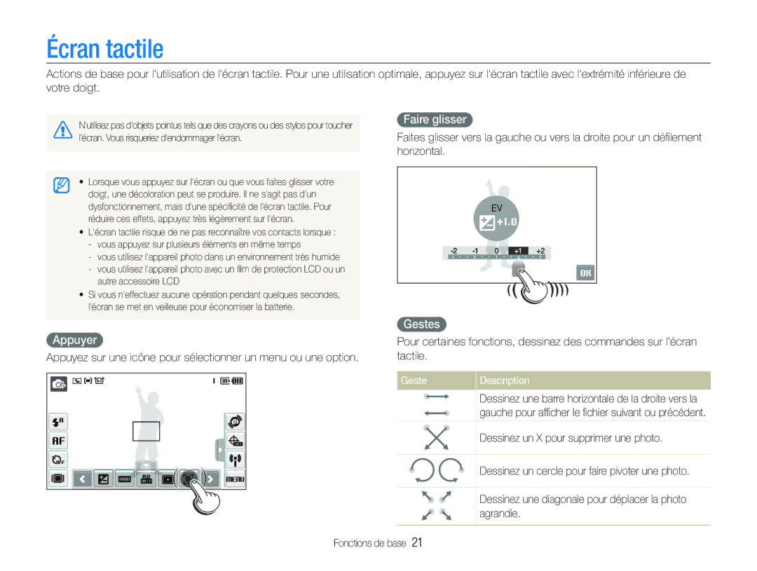 Samsung EC-ST1000BPRFR, EC-ST1000BPSE1, EC-ST1000BPBFR Écran tactile, Appuyer, Faire glisser, Gestes, Geste Description 