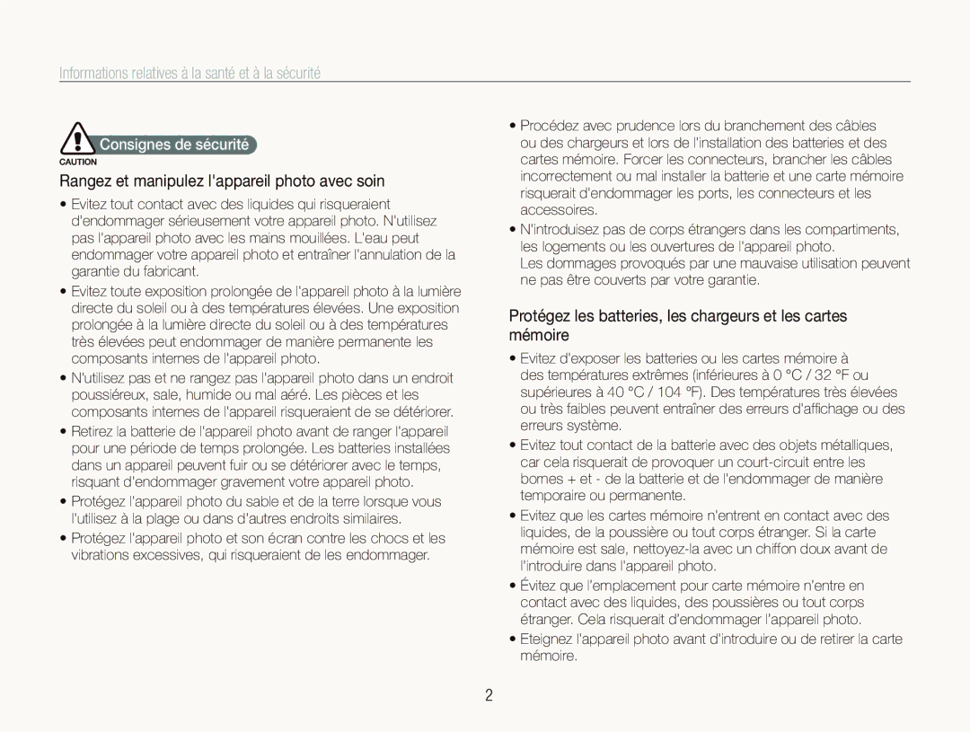 Samsung EC-ST1000BPBE1 Informations relatives à la santé et à la sécurité, Rangez et manipulez lappareil photo avec soin 