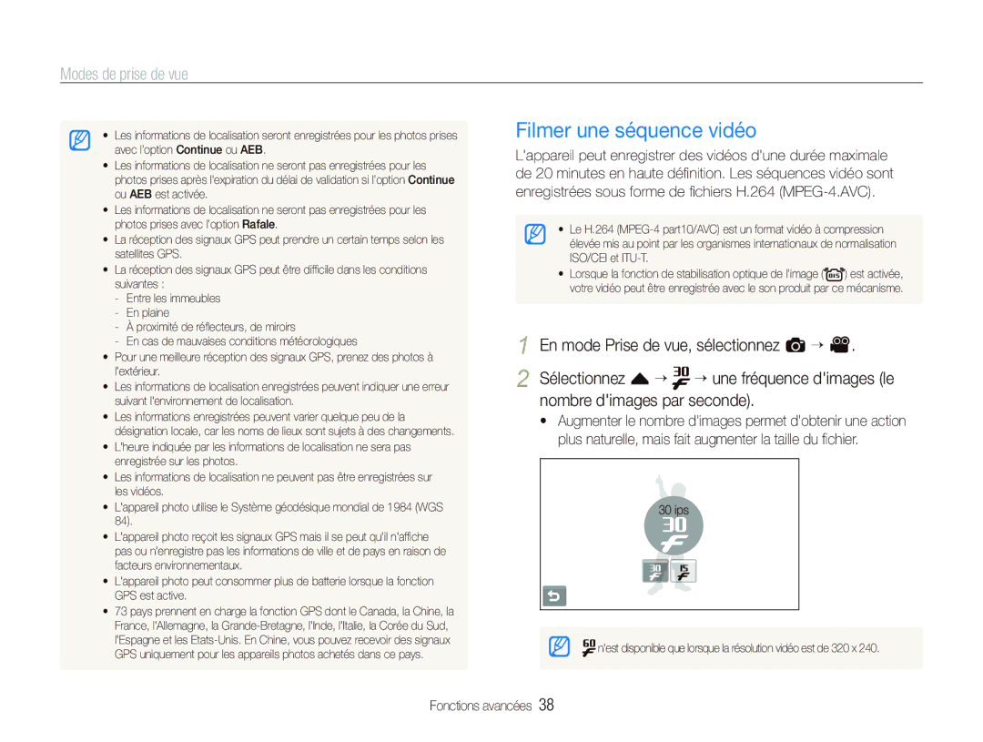 Samsung EC-ST1000BPUFR, EC-ST1000BPSE1, EC-ST1000BPRFR, EC-ST1000BPBFR, EC-ST1000BPBE1 manual Filmer une séquence vidéo 