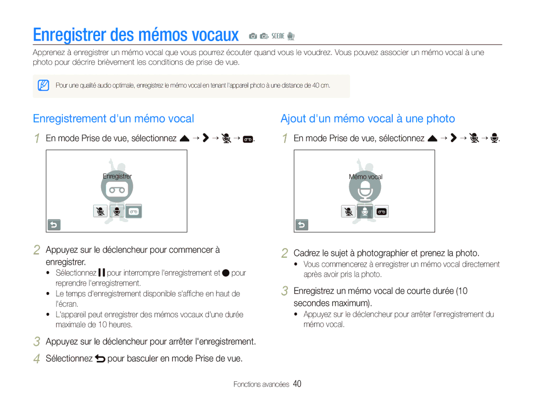 Samsung EC-ST1000BPRE1, EC-ST1000BPSE1 Enregistrer des mémos vocaux a p s d, En mode Prise de vue, sélectionnez f “ “ “ 