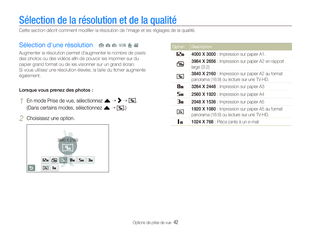 Samsung EC-ST1000BPRFR, EC-ST1000BPSE1 Sélection de la résolution et de la qualité, Sélection dune résolution S a p s d 