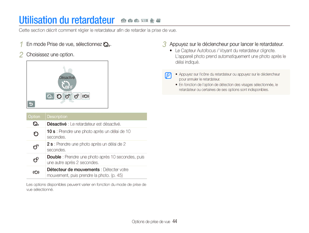 Samsung EC-ST1000BPBE1 Utilisation du retardateur S a p s d, En mode Prise de vue, sélectionnez Choisissez une option 