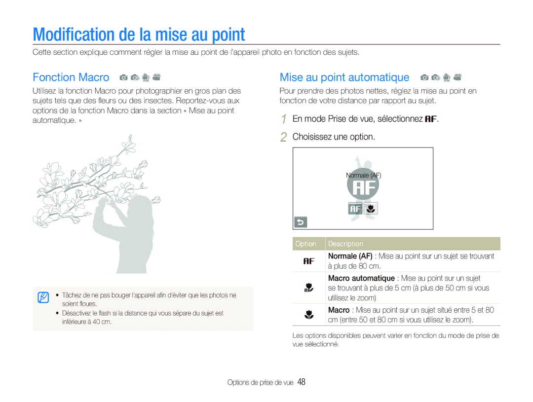 Samsung EC-ST1000BPSE1 manual Modiﬁcation de la mise au point, Fonction Macro a p d, Mise au point automatique a p d 