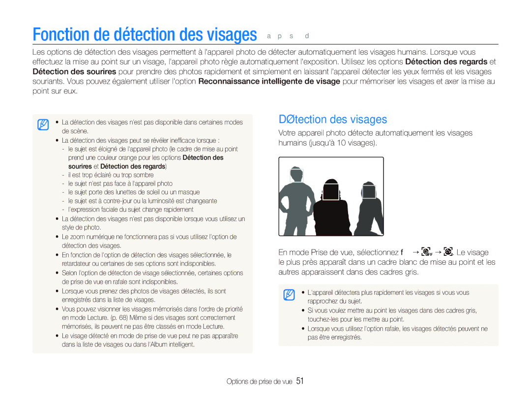 Samsung EC-ST1000BPBE1, EC-ST1000BPSE1, EC-ST1000BPRFR Fonction de détection des visages a p s d, Détection des visages 