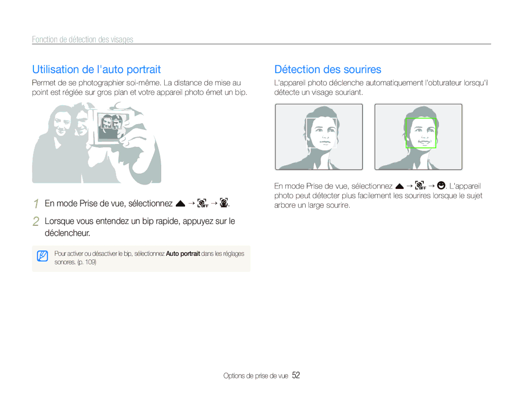 Samsung EC-ST1000BPUFR manual Utilisation de lauto portrait, Détection des sourires, Fonction de détection des visages 