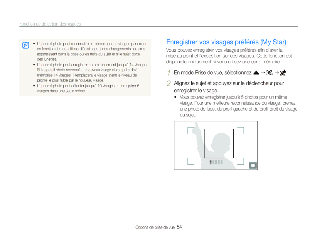 Samsung EC-ST1000BPRE1, EC-ST1000BPSE1, EC-ST1000BPRFR, EC-ST1000BPBFR manual Enregistrer vos visages préférés My Star 