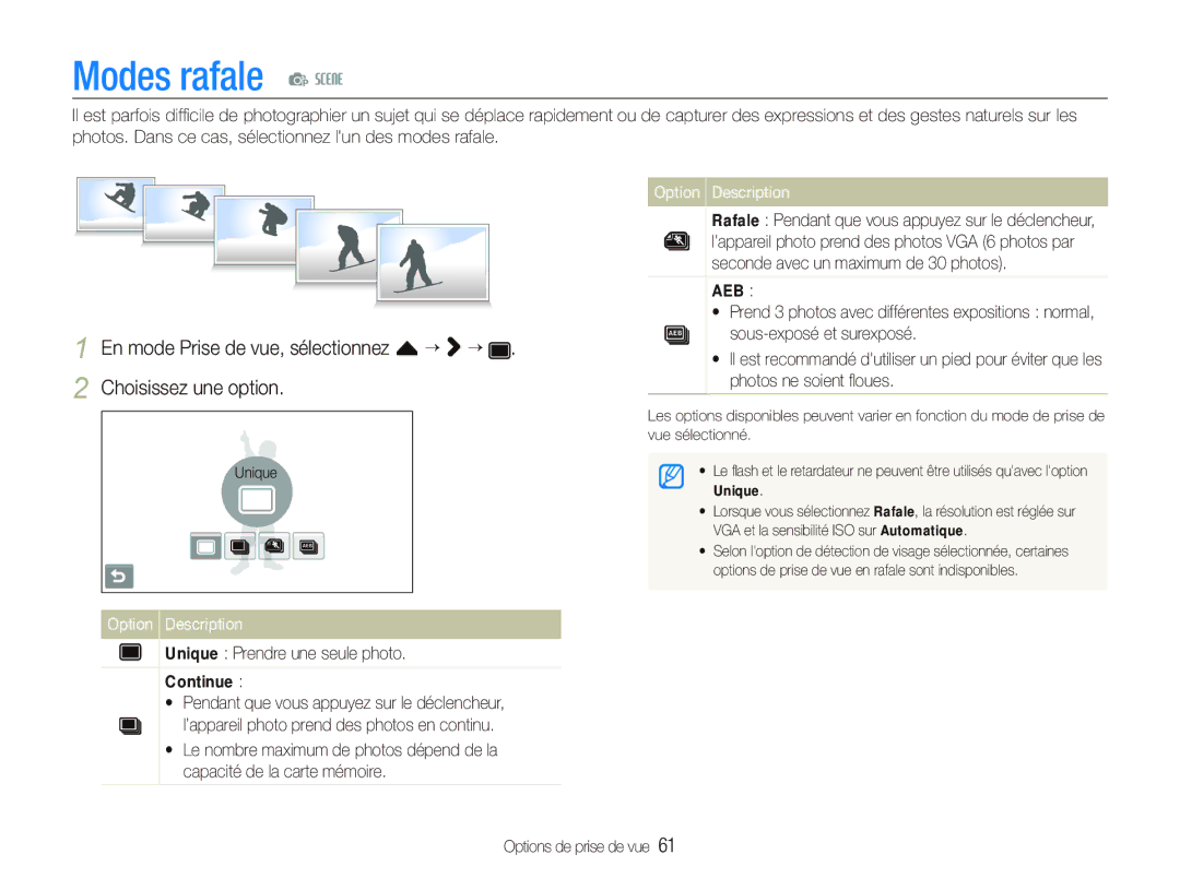 Samsung EC-ST1000BPRE1, EC-ST1000BPSE1, EC-ST1000BPRFR manual Modes rafale p s, Unique Prendre une seule photo Continue 