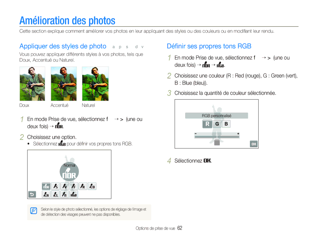 Samsung EC-ST1000BPSE1 manual Amélioration des photos, Appliquer des styles de photo a p s d, Déﬁnir ses propres tons RGB 