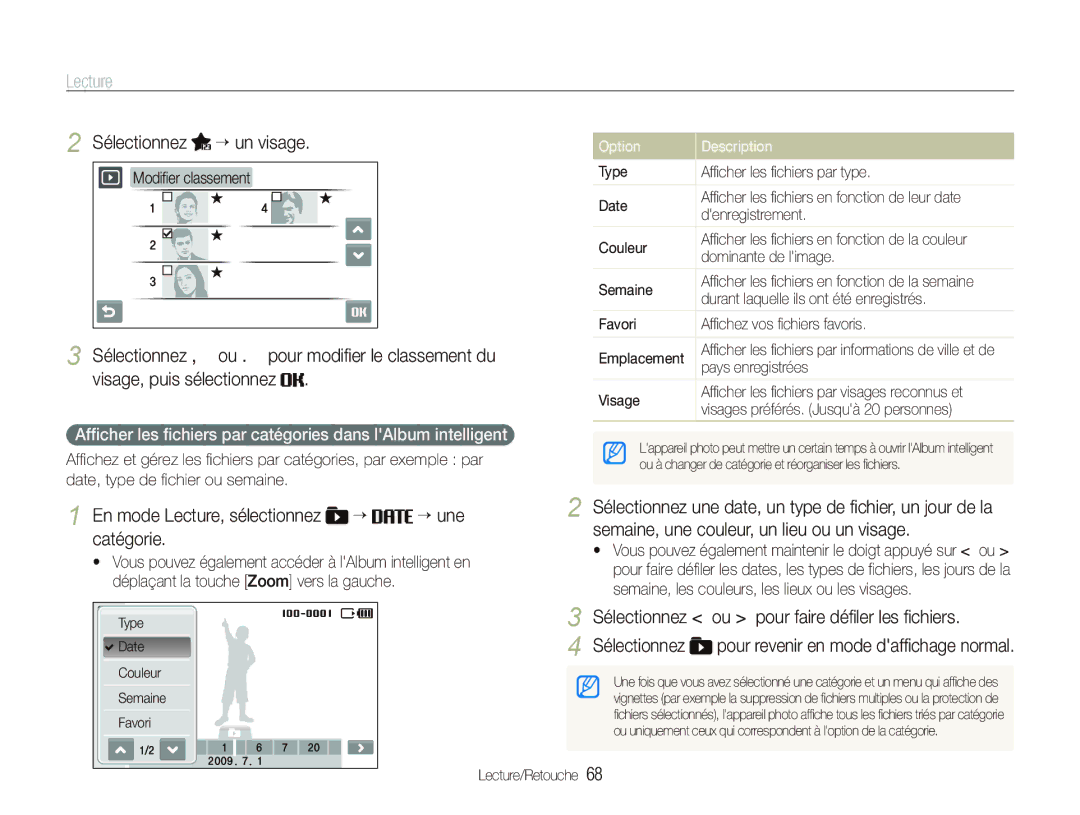 Samsung EC-ST1000BPRE1, EC-ST1000BPSE1 manual Sélectionnez “ un visage, En mode Lecture, sélectionnez “ “ une catégorie 