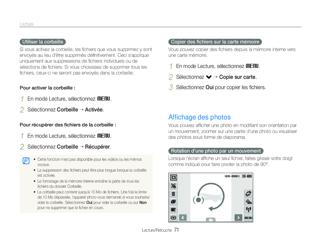 Samsung EC-ST1000BPBFR, EC-ST1000BPSE1 Afﬁchage des photos, Utiliser la corbeille, Copier des ﬁchiers sur la carte mémoire 