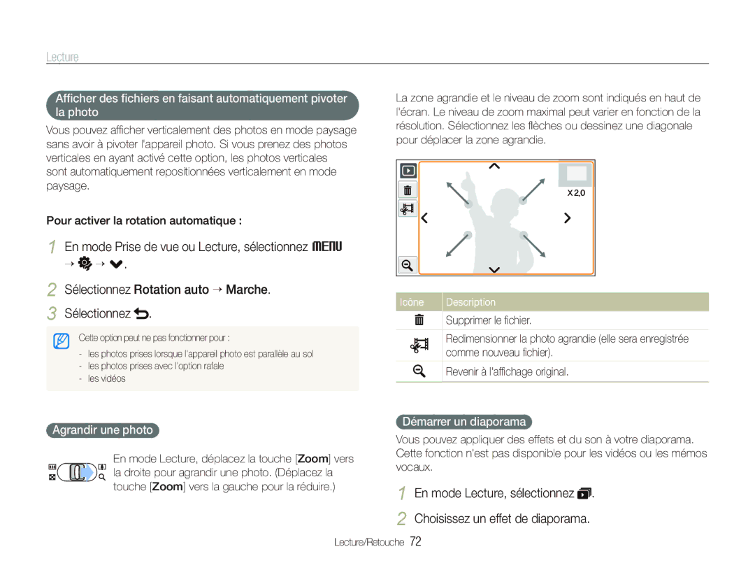 Samsung EC-ST1000BPBE1, EC-ST1000BPSE1 manual Sélectionnez Rotation auto “ Marche, Agrandir une photo, Démarrer un diaporama 