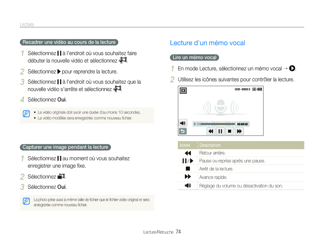 Samsung EC-ST1000BPSFR, EC-ST1000BPSE1 Lecture dun mémo vocal, Sélectionnez Oui, Recadrer une vidéo au cours de la lecture 