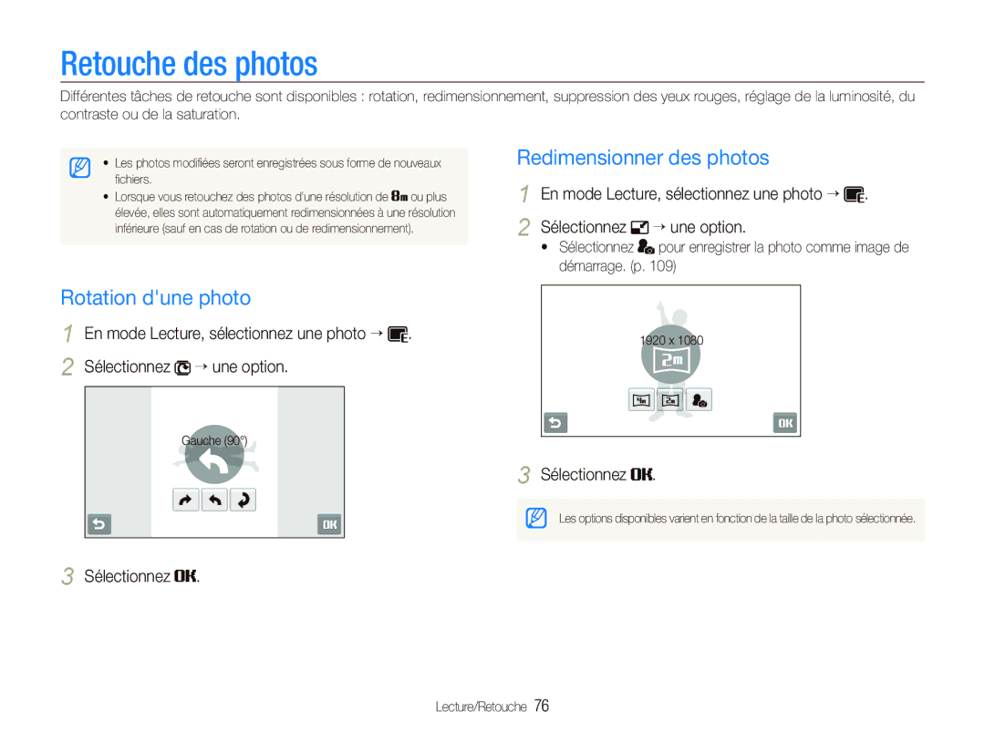 Samsung EC-ST1000BPSE1, EC-ST1000BPRFR, EC-ST1000BPBFR Retouche des photos, Rotation dune photo, Redimensionner des photos 