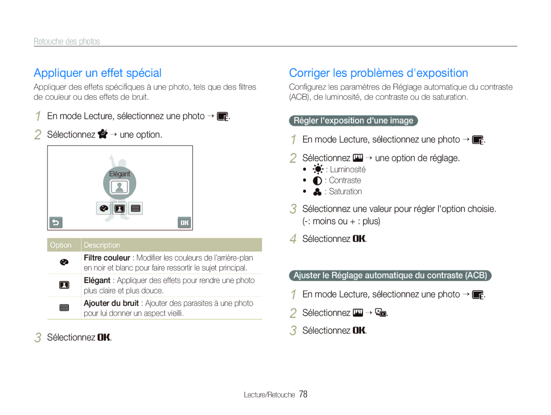 Samsung EC-ST1000BPBFR manual Appliquer un effet spécial, Corriger les problèmes dexposition, Régler lexposition dune image 