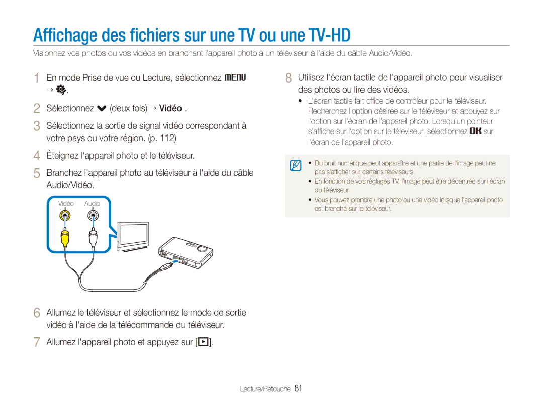 Samsung EC-ST1000BPSFR manual Affichage des fichiers sur une TV ou une TV-HD, Allumez lappareil photo et appuyez sur P 