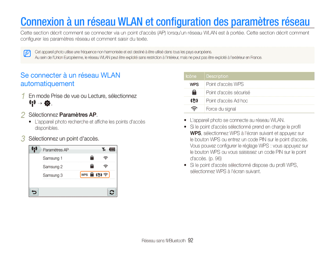 Samsung EC-ST1000BPBFR, EC-ST1000BPSE1 manual Se connecter à un réseau Wlan automatiquement, Sélectionnez un point daccès 