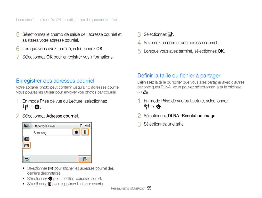 Samsung EC-ST1000BPSFR, EC-ST1000BPSE1 manual Enregistrer des adresses courriel, Déﬁnir la taille du ﬁchier à partager 