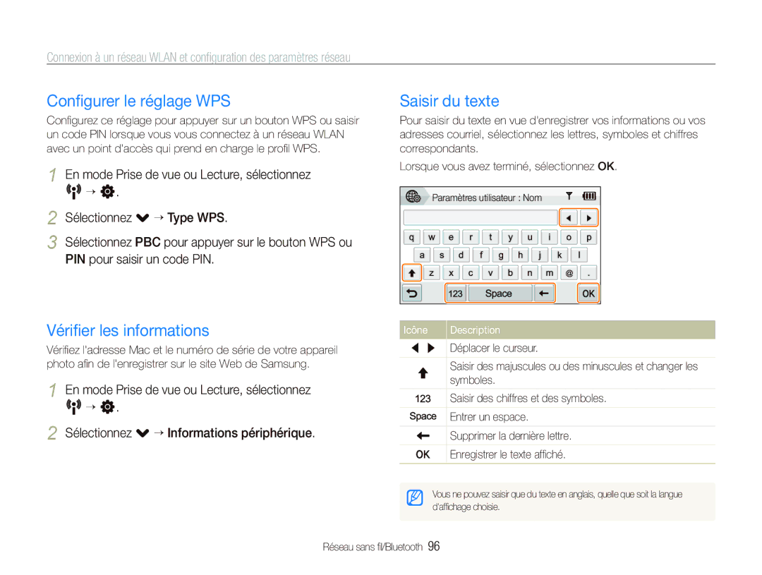 Samsung EC-ST1000BPRE1, EC-ST1000BPSE1, EC-ST1000BPRFR Conﬁgurer le réglage WPS, Vériﬁer les informations, Saisir du texte 