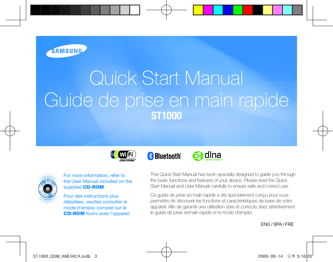 Samsung EC-ST1000BPRFR, EC-ST1000BPSE1, EC-ST1000BPBFR manual Quick Start Manual Guide de prise en main rapide 