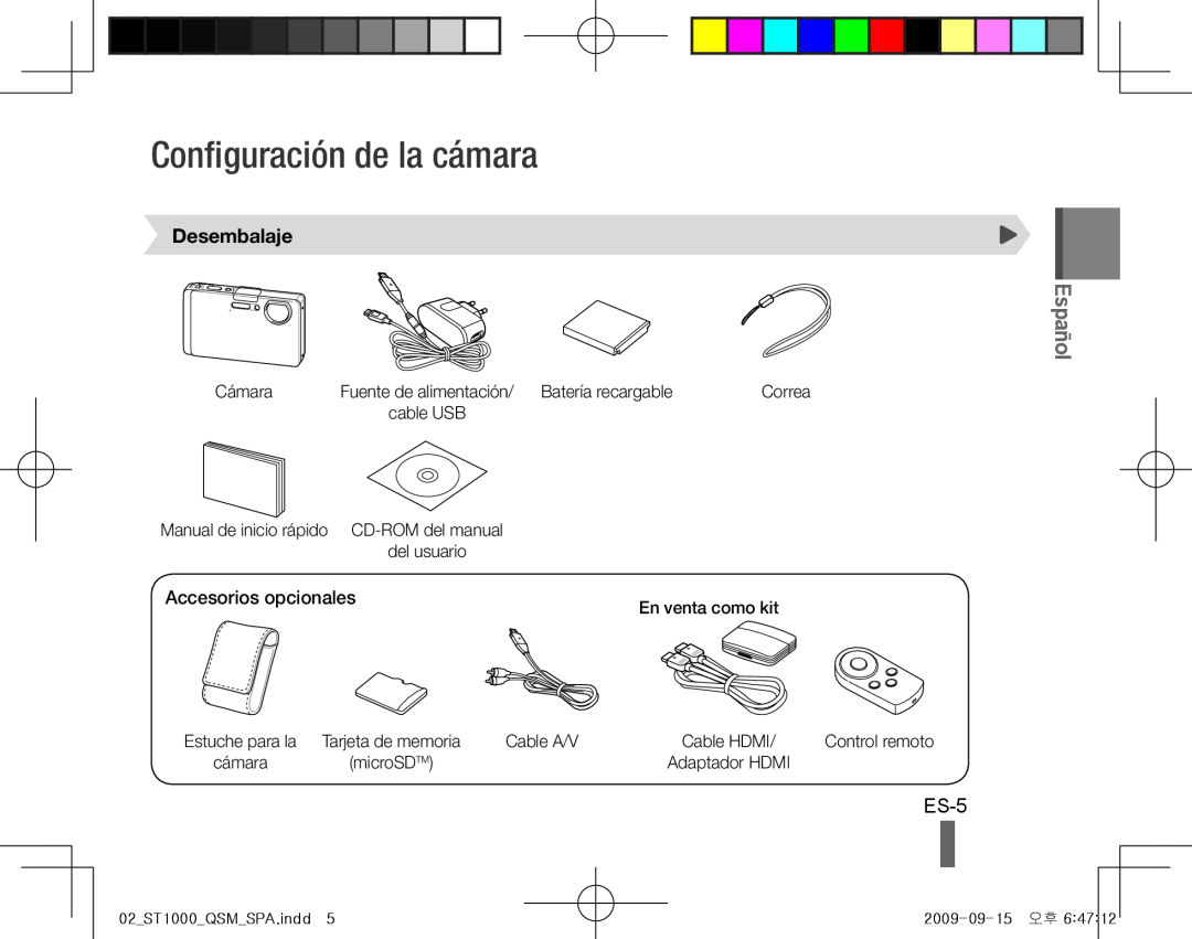 Samsung EC-ST1000BPGME, EC-ST1000BPSE1 manual Configuración de la cámara, ES-5, Desembalaje, Accesorios opcionales, Español 