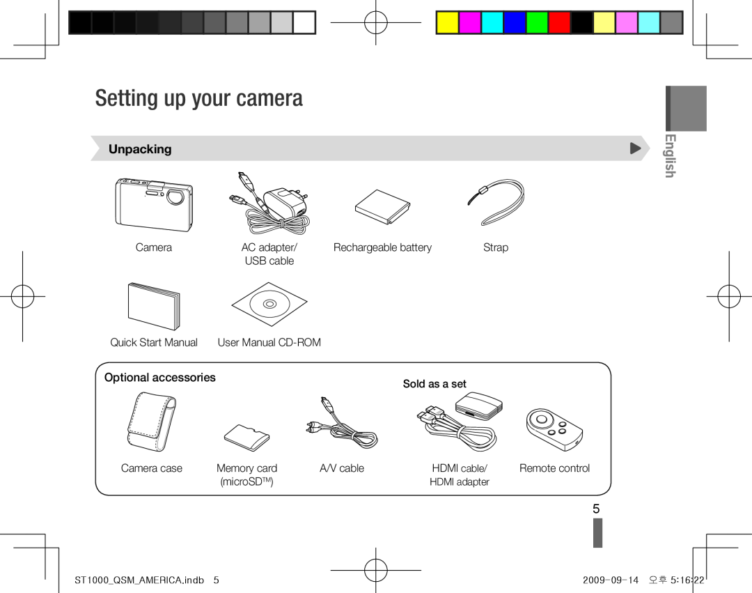 Samsung EC-ST1000BPSFR, EC-ST1000BPSE1, EC-ST1000BPRFR, EC-ST1000BPBFR manual Setting up your camera, English, Unpacking 
