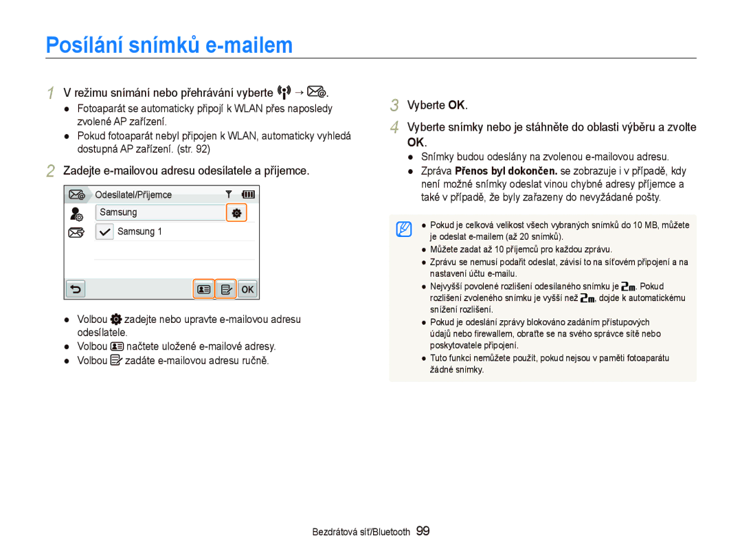 Samsung EC-ST1000BPSE3, EC-ST1000BPBE3 manual Posílání snímků e-mailem, Zadejte e-mailovou adresu odesílatele a příjemce 