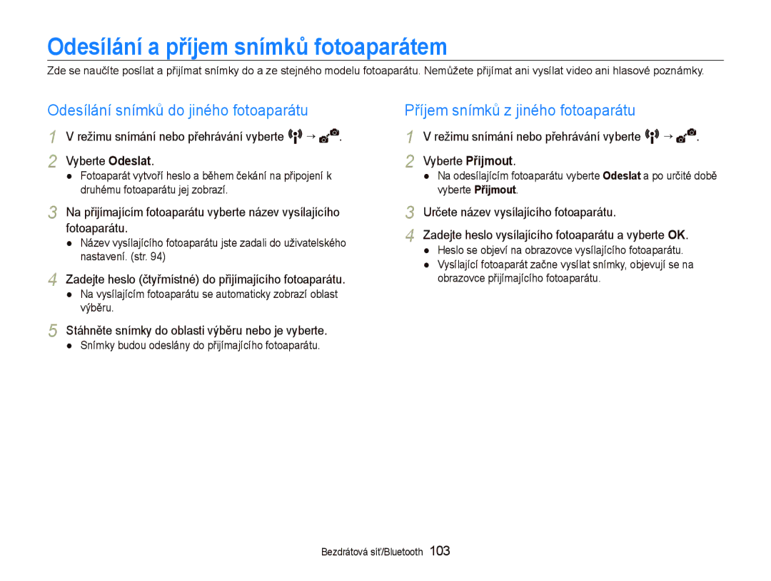 Samsung EC-ST1000BPRE3, EC-ST1000BPSE3 manual Odesílání a příjem snímků fotoaparátem, Odesílání snímků do jiného fotoaparátu 