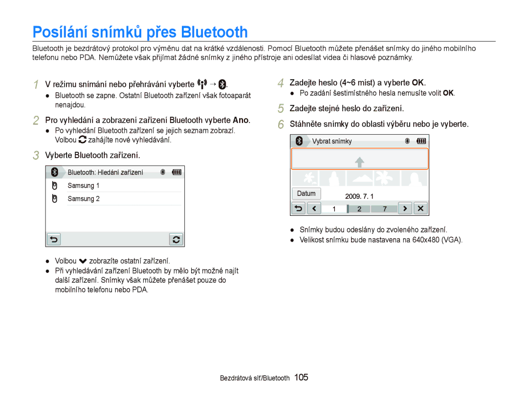 Samsung EC-ST1000BPBE3 Posílání snímků přes Bluetooth, Zadejte heslo 4~6 míst a vyberte OK, Vyberte Bluetooth zařízení 