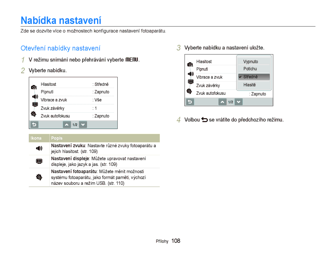 Samsung EC-ST1000BPRE3, EC-ST1000BPSE3 Nabídka nastavení, Otevření nabídky nastavení, Vyberte nabídku a nastavení uložte 