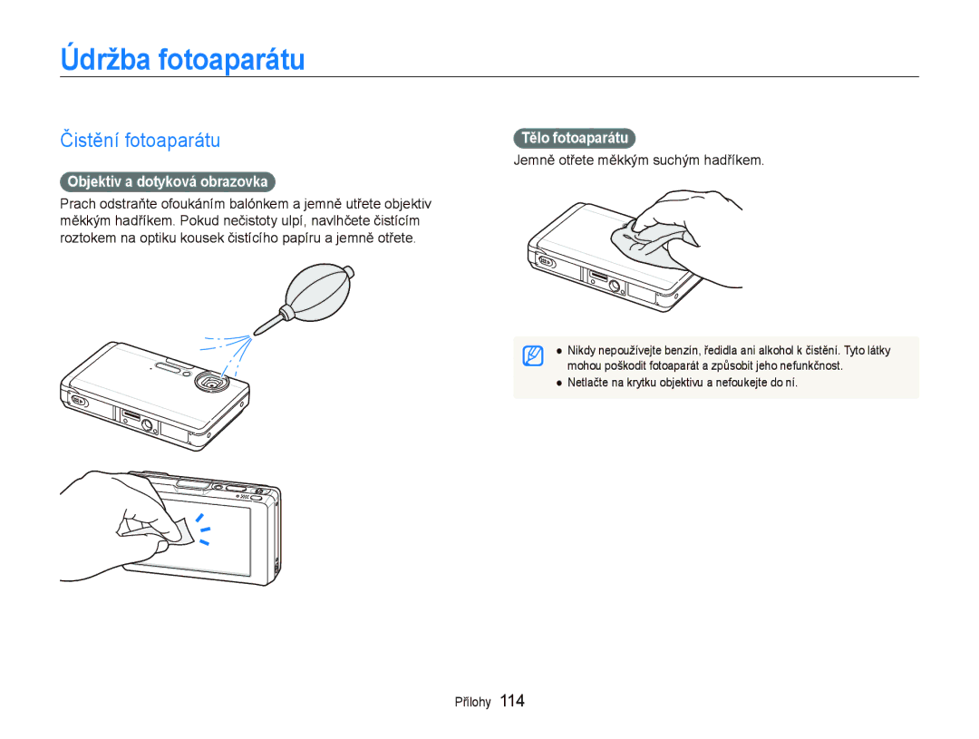 Samsung EC-ST1000BPSE3 manual Údržba fotoaparátu, Čistění fotoaparátu, Objektiv a dotyková obrazovka, Tělo fotoaparátu 