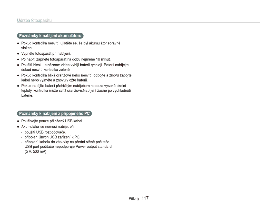 Samsung EC-ST1000BPGE3, EC-ST1000BPSE3 manual Poznámky k nabíjení akumulátoru, Poznámky k nabíjení z připojeného PC 