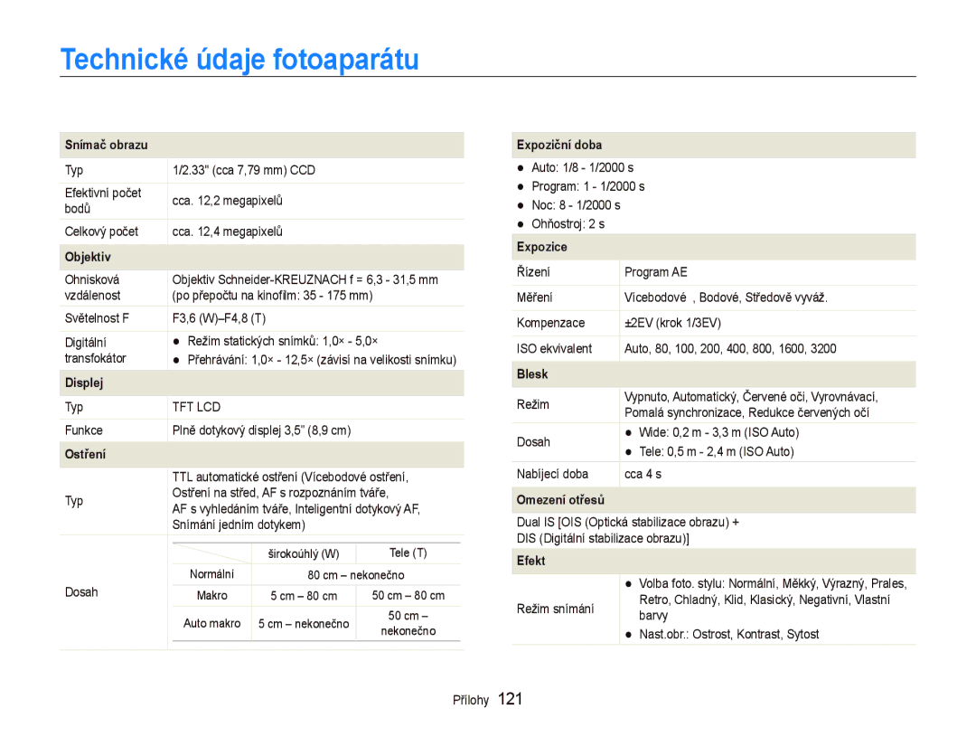 Samsung EC-ST1000BPUE3, EC-ST1000BPSE3, EC-ST1000BPBE3, EC-ST1000BPGE3 manual Technické údaje fotoaparátu, Snímač obrazu 