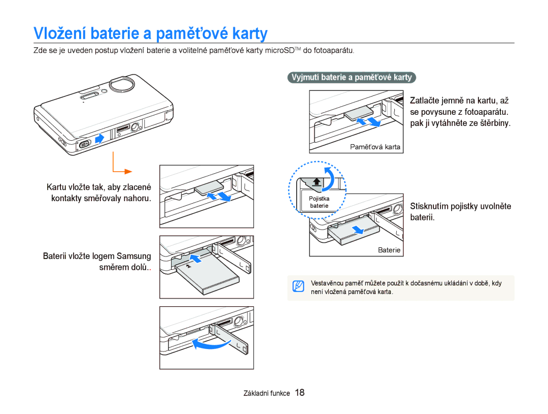 Samsung EC-ST1000BPRE3, EC-ST1000BPSE3 manual Vložení baterie a paměťové karty, Baterii, Vyjmutí baterie a paměťové karty 