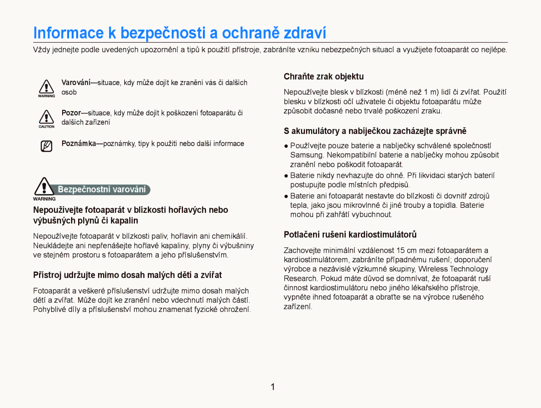 Samsung EC-ST1000BPUE3 manual Informace k bezpečnosti a ochraně zdraví, Přístroj udržujte mimo dosah malých dětí a zvířat 