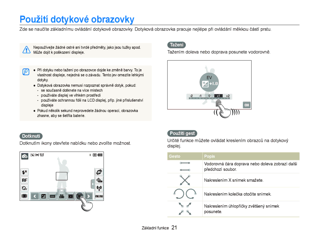 Samsung EC-ST1000BPUE3, EC-ST1000BPSE3, EC-ST1000BPBE3 manual Použití dotykové obrazovky, Tažení, Dotknutí, Použití gest 