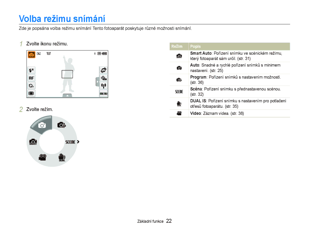 Samsung EC-ST1000BPGE3, EC-ST1000BPSE3, EC-ST1000BPBE3 manual Volba režimu snímání, Zvolte ikonu režimu Zvolte režim 