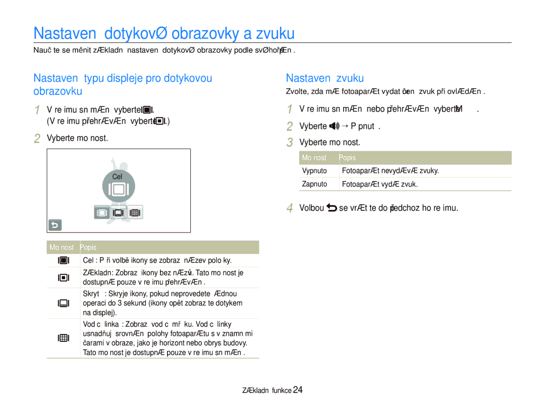 Samsung EC-ST1000BPSE3 manual Nastavení dotykové obrazovky a zvuku, Nastavení typu displeje pro dotykovou obrazovku 