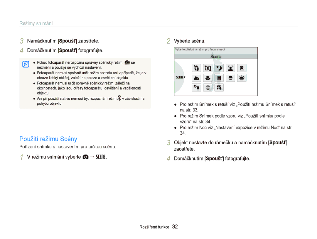 Samsung EC-ST1000BPGE3, EC-ST1000BPSE3, EC-ST1000BPBE3 Použití režimu Scény, Režimy snímání, Režimu snímání vyberte a ““s 