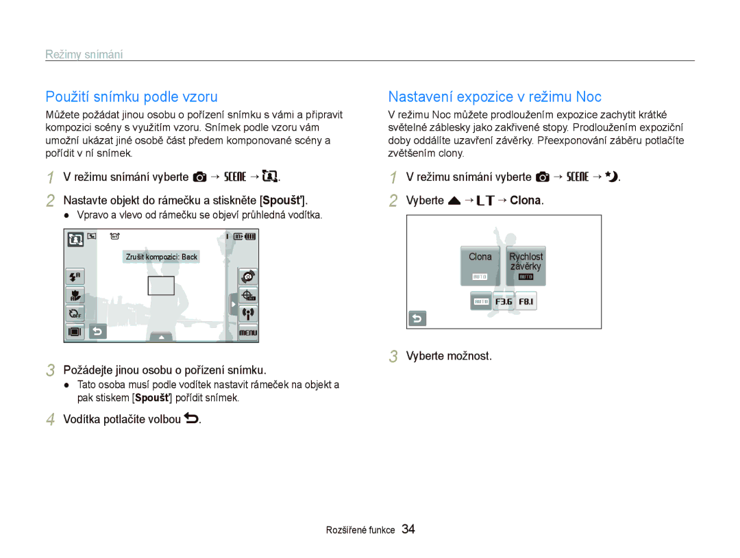 Samsung EC-ST1000BPSE3, EC-ST1000BPBE3, EC-ST1000BPUE3 manual Použití snímku podle vzoru, Nastavení expozice v režimu Noc 